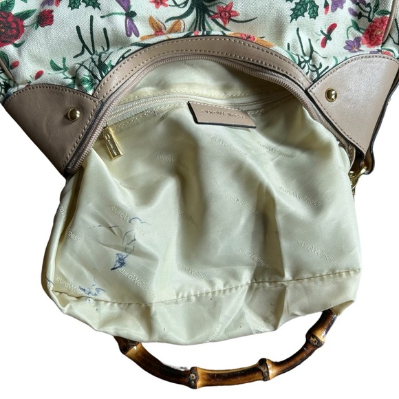 Euro Wellness Bamboo Handle Floral Canvas Shoulder Bag Cream Multicolor Purse - Picture 4 of 8